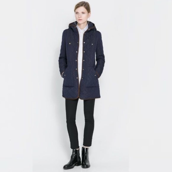 Zara Navy Quilted Puffer Jacket with Brown Trim - Picture 13 of 13